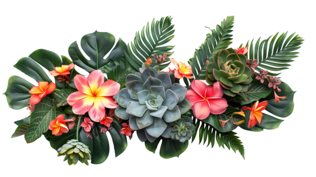 Rosette of tropical flowers and leaves in floral arrangement isolated on transparent background - Powered by Adobe