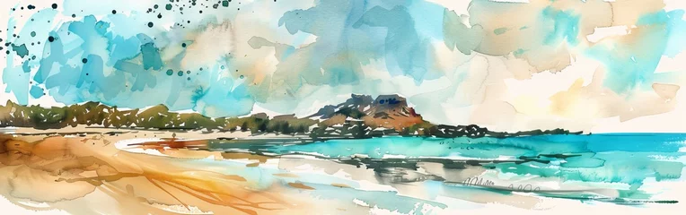Foto op Canvas A watercolor painting featuring a beach with gentle waves crashing onto the shore, framed by a majestic mountain in the background. The sandy beach is dotted with seashells and tropical vegetation und © vadosloginov