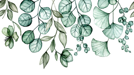 watercolor drawing. seamless border with transparent eucalyptus and ginkgo leaves. x-ray - obrazy, fototapety, plakaty