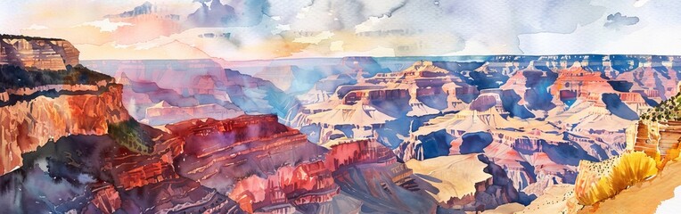 A detailed watercolor painting depicting the towering cliffs and colorful rock layers of the Grand Canyon. The canyons vastness is captured in the artwork, showcasing the natural beauty of this iconic - obrazy, fototapety, plakaty