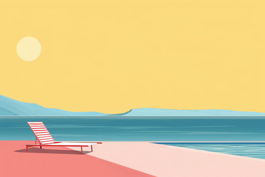 Beach chair on a serene beach with sea and sun, Minimalist digital art. Tranquility and vacation concept. Design for poster, wallpaper, banner