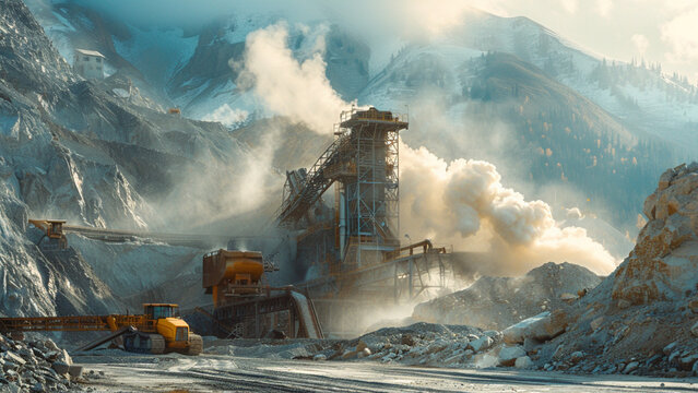 Industrial heavy machines with conveyor belts crushing stones for covering railway tracks in quarry with dirt and dust