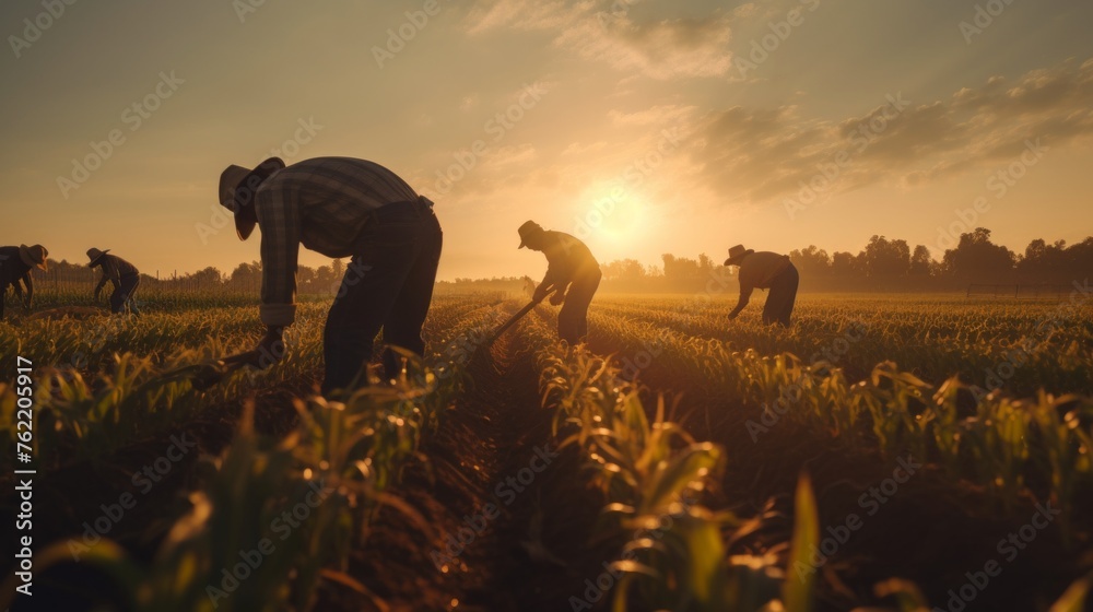 Poster generative ai sunset over a tranquil farm, with workers using traditional methods to handpick corn i