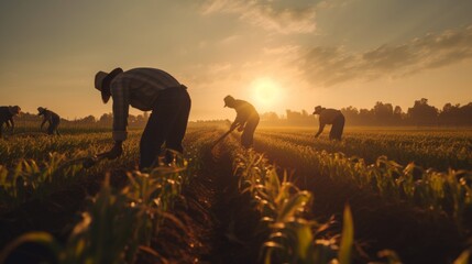 Generative AI Sunset over a tranquil farm, with workers using traditional methods to handpick corn in a vast, amber-hued cornfield. - obrazy, fototapety, plakaty