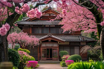 A traditional Japanese house featuring a vibrant display of pink flowers blooming in front of it. The colorful flowers create a striking contrast against the neutral tones of the house.