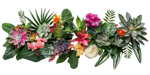 Rosette of tropical flowers and leaves in floral arrangement isolated on transparent background