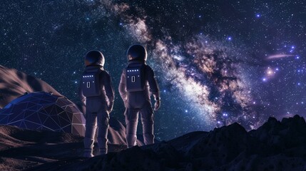 Two Astronauts in Space Suits Stand on the Planet and Looking at the The Milky Way Galaxy. In the...