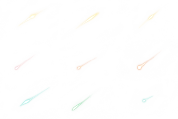Falling stars set. Bright meteor trails. Shooting stars at isolated. Glowing meteorites. Bright falling star in motion with glowing trail. Transparent background PNG. Various sizes and colors. Set 1