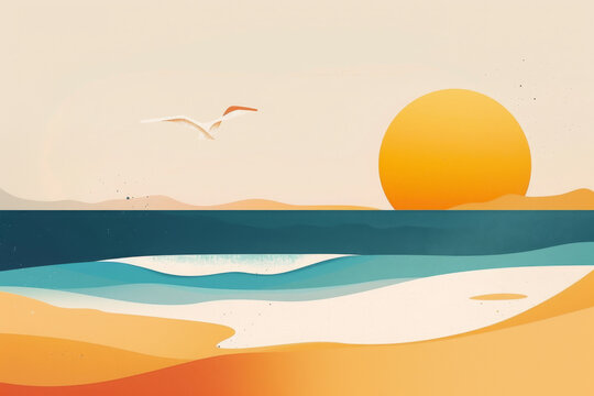 Stylized beach sunset with waves and seagull. Flat design illustration of a coastal scene with sun and bird in pastel colors. Calm ocean and beach holiday concept for design and print
