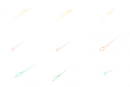 Falling stars set. Bright meteor trails. Shooting stars at isolated. Glowing meteorites. Bright falling star in motion with glowing trail. Transparent background PNG. Various sizes and colors. Set 1