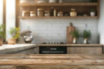 Empty wooden table and blurred background of modern kitchen, product display montage