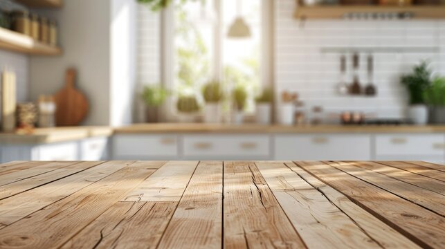 Empty wooden table and blurred background of modern kitchen, product display montage