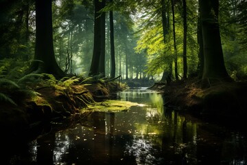Serene Pond calm forest water. Plant spring. Generate Ai