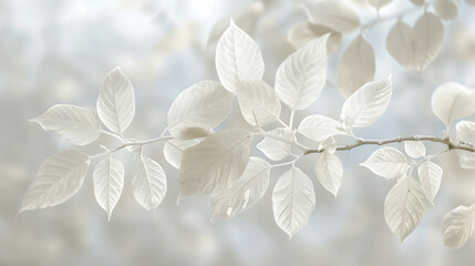 A branch of a plant featuring white leaves, highlighting the unique coloration and texture of the foliage. The leaves are prominently displayed against a soft background - obrazy, fototapety, plakaty