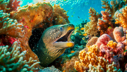 Naklejka na ściany i meble Close-up of a giant moray eel coming out of its den in a vibrant coral reef. Generative Ai.