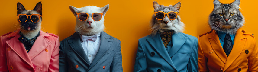 Four cats dressed in elegant suits and trendy glasses against an orange backdrop, embracing a humorous elegance