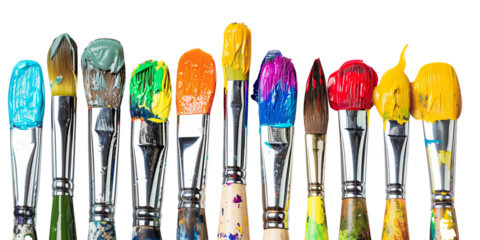 A row of artist paint brushes with colourful paint strokes isolated on transparent background