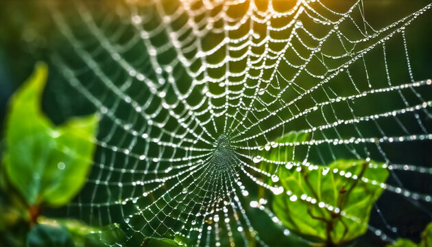 Natura Intrecciata- Ragnatela Lucente su Foglia Verde, Illuminata dalla Rugiada
