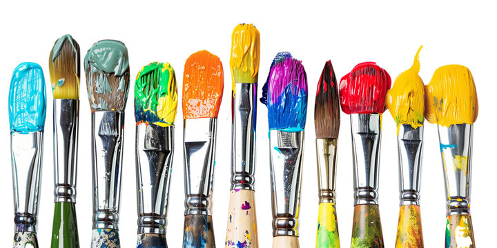A row of artist paint brushes with colourful paint strokes isolated on transparent background