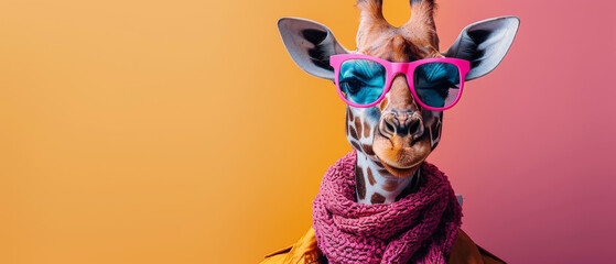 A giraffe donning a high-fashion scarf and shades, embodying style and elegance against a soft pastel backdrop