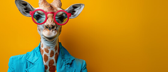 A giraffe in a sophisticated trench coat presents a quirky take on fashion against a monochromatic yellow background