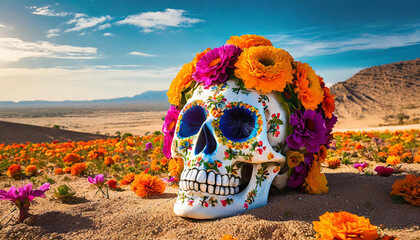 Skull covered with flowers, laying on sand in desert. Death and rebirth. Cinco De Mayo or Dia de Muertos. - obrazy, fototapety, plakaty