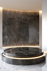 Minimalist black and white marble product display podium with round LED light bulb. 3d render