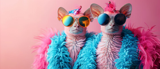 Two hairless Sphinx cats with colorful sunglasses and feather boas, exuding a flamboyant attitude - obrazy, fototapety, plakaty