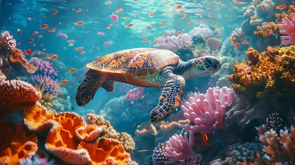 Fotobehang Sea Turtle Swimming in Vibrant Coral Reef  © Pandadeda
