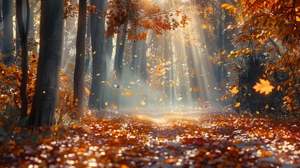 Sunbeams Filtering Through Autumn Forest - obrazy, fototapety, plakaty