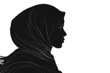 Fotobehang Side view Black line art silhouette of Muslim woman portrait isolated on transparent background © kanurism