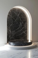 Minimalist black and white marble product display podium with round LED light bulb. 3d render
