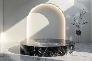 Minimalist black and white marble product display podium with round LED light bulb. 3d render