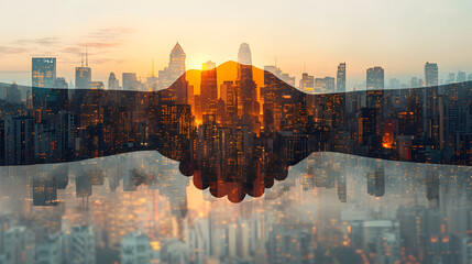 double exposure image of businessmen shaking hands with cityscape,business,agreement and cooperation