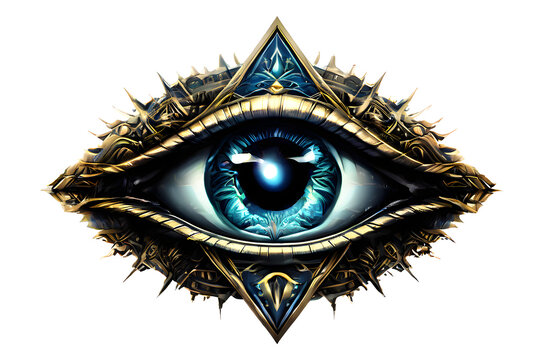 the Blue and golden All Seeing Eye geometric triangle logo, isolated with transparent background. Illuminati, freemasonry, masonic symbol. Triangle Eye emblem