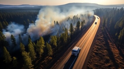 Truck Driving Along Forested Road
