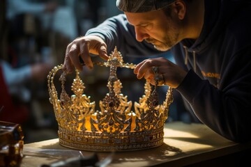 Photography of the moment just before the crown is placed, focusing on the detailed texture of the...