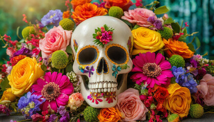 Skull covered with colorful flowers. Death and rebirth. Cinco De Mayo or Dia de Muertos.