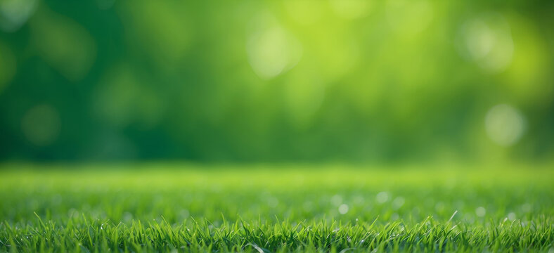Closeup green grass, blurred green bokeh with shiny sunlight, green grass spring background.