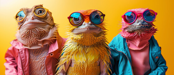 Three geckos in vibrant jackets and sunglasses presenting a bold fashion statement