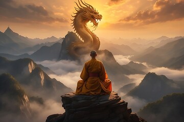 Chinese monk sitting on the cliff and looking at the dragon in the mountains