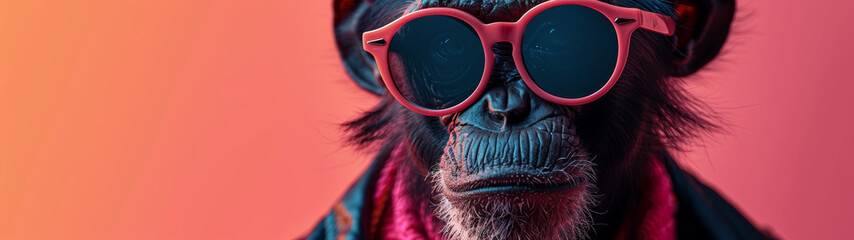 The visual depicts a chimpanzee with pink sunglasses against a red background, creating a humorous and vibrant setting - obrazy, fototapety, plakaty