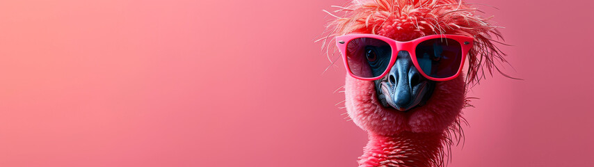 The intriguing image showcases an exotic bird donning funky sunglasses, set against a soft pink background for a whimsical effect - obrazy, fototapety, plakaty