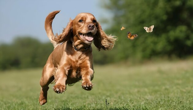 A Playful Cocker Spaniel Chasing Butterflies