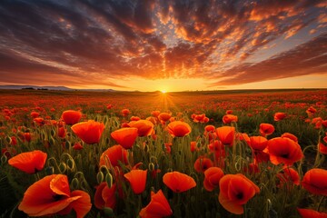 Serene Poppy field sunset art paint. Nature spring. Generate Ai