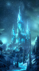 Captivating Winter Wonderland: Majestic Ice Castle Illuminated under the Starry Night - obrazy, fototapety, plakaty
