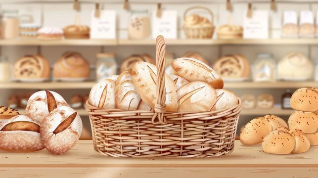 A realistic portrayal of a bakery shop's display, featuring a traditional willow wicker basket full of freshly baked bread, in vector illustration format