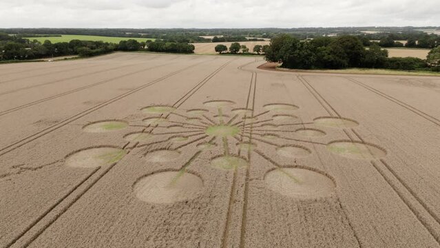 Andover crop circle aerial view rising over molecular starburst circles on Hampshire wheat field crops