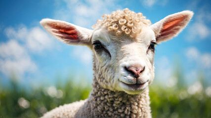 Obraz premium Close up portrait of a sheep, baby lamb, blurred green grass and blue sky background.