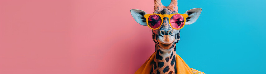 A fashionable giraffe wearing shades poses before a split pink and blue background, exuding a fun, pop-art feel - obrazy, fototapety, plakaty